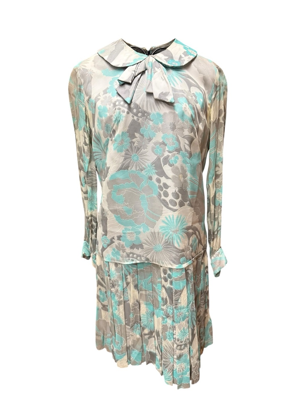Vintage 1960s Floral Bow-Tie Pleated Dress Mint & Gray Medium